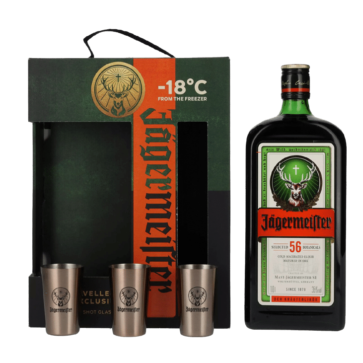 JAGER-GLASS.png Jägermeister Liqueur 1L Giftbox with 3 Shot Glasses - Image 1