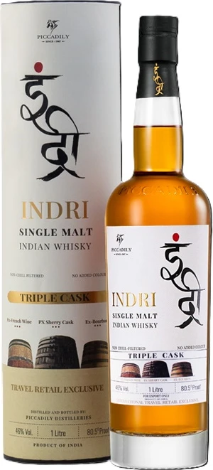 Indri Single Malt Triple Cask Indian Whisky 1L - Image 1